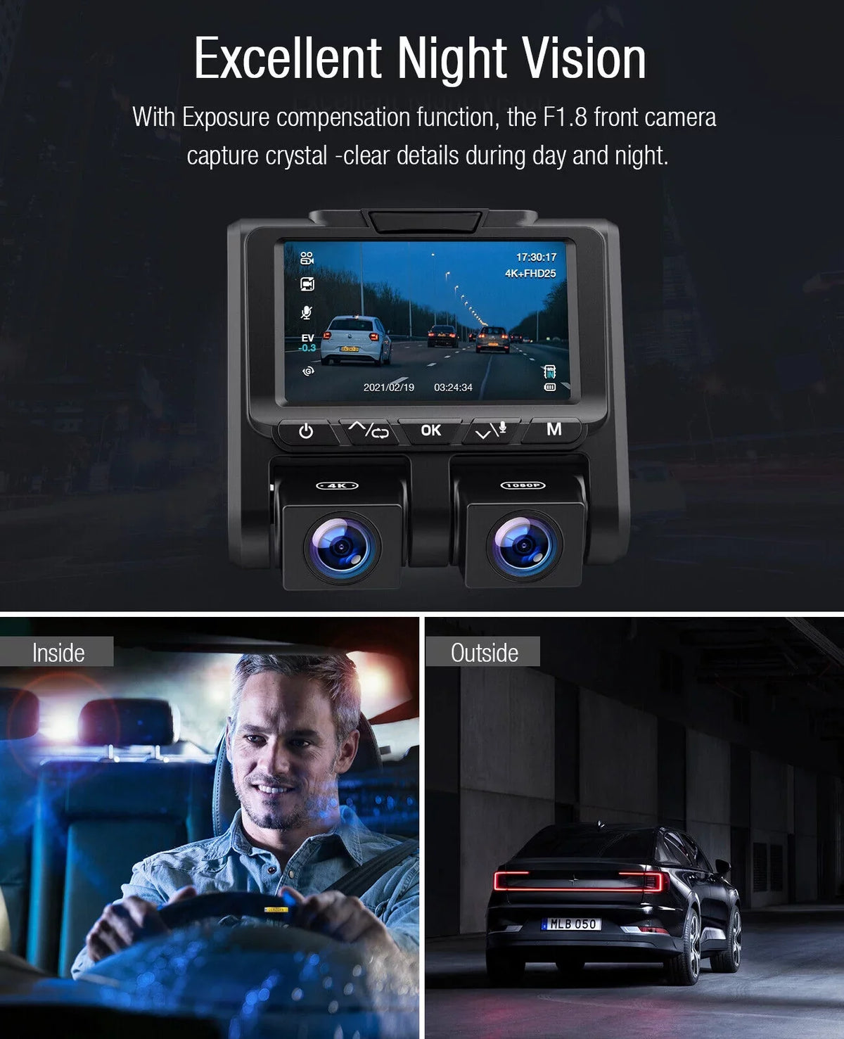 4K+1080P and Dash G-Sensor Inside Screen Mode Camera Parking Camera LCD Cam Loop 4K TOGUARD Front 3" Recording Car Dash