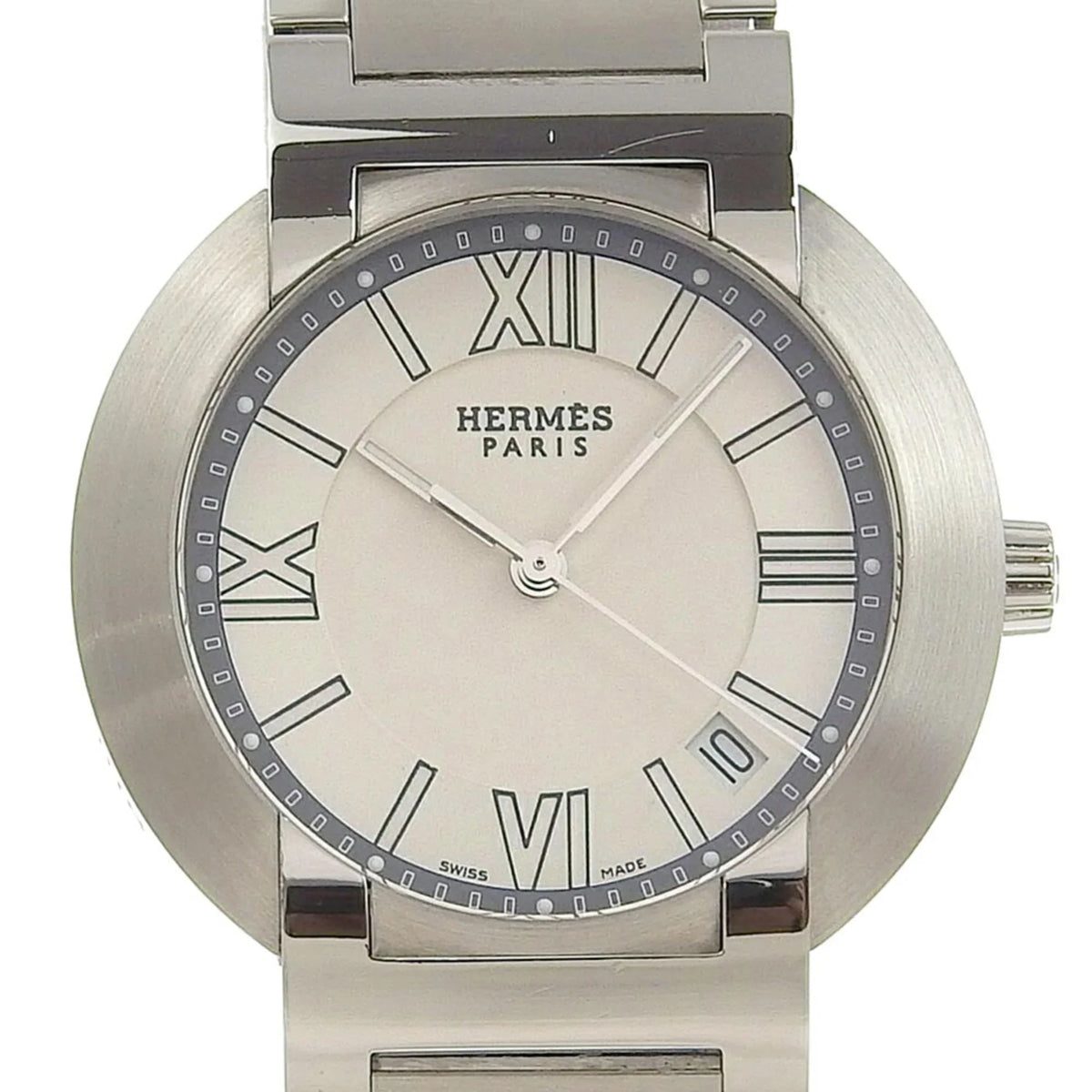 Quartz Stainless Analog White Watch Made Nomad Swiss Steel Pre-Owned Men's NO1.710 Hermes Display Dial Silver (Fair)
