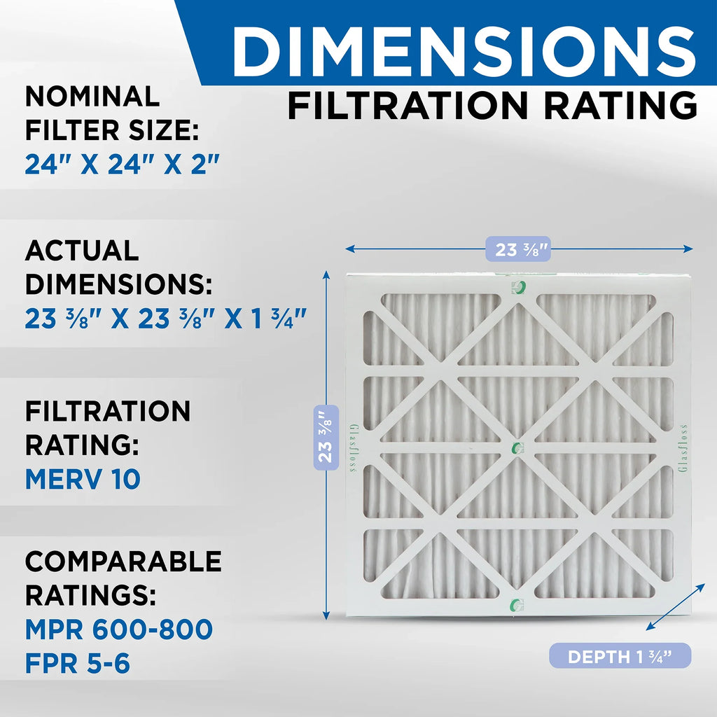 Filters Size: 1-3/4 10 MERV Exact by Furnace AC Glasfloss x Pack Air Industries. 23-3/8 24x24x2 8 23-3/8 Pleated x ( )