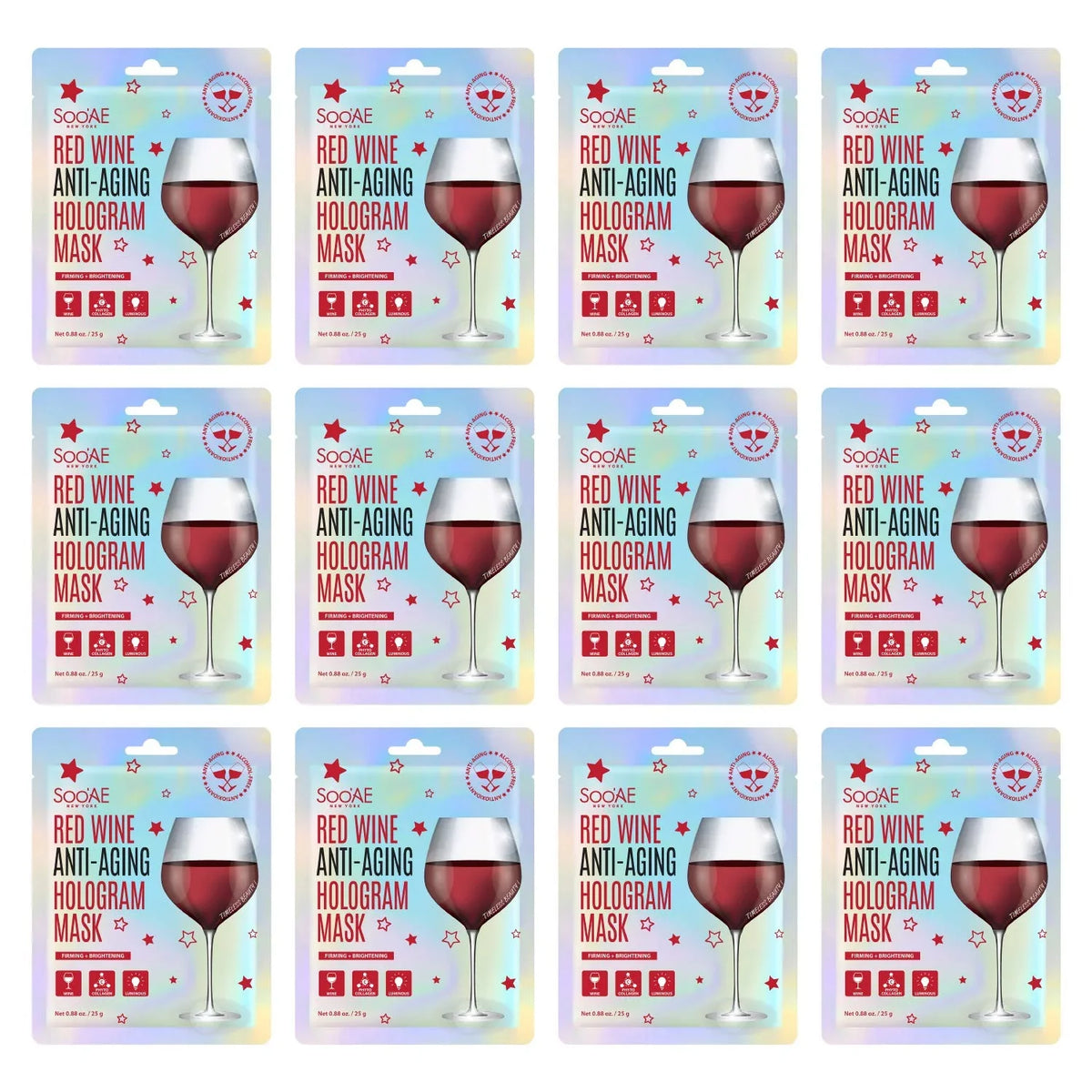 Premium Wra Hydrate Brightening Soo,Ae Collagen Beauty Skin, Brighting Mask Sheet Wine And [12 Count] Korean Antioxidants Red Glow Mask Face Hologram Vegan Facial Firm, Anti-Aging To Restore Mask
