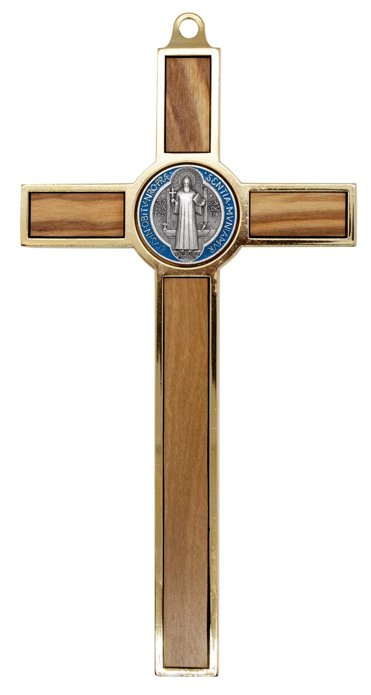 Colored Benedict Crucifix 7.75" with and Medal Wood Inlays Gold-Tone St.