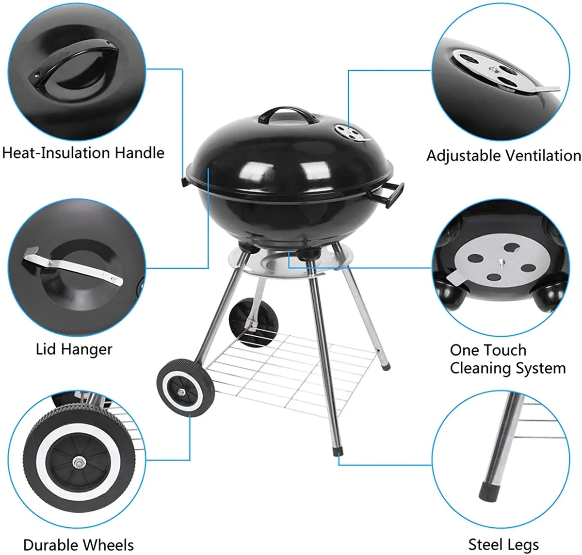 Camping, and Stainless Wheels 18 Steel Charcoal for inch Grill, with Picnic, Outdoor Holder Party, BBQ Barbecue, Activities Storage Charcoal