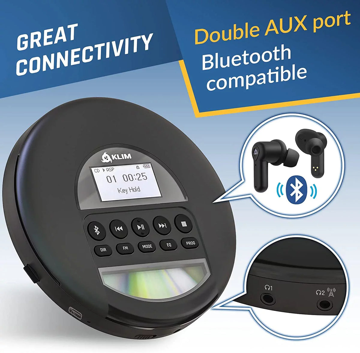 MP3, with Headphones, Battery, Nomad Card, Bluetooth- (Refurbished: Rechargeable Black KLIM for Pre-Owned CD Cars, Good) Ideal Discman FM Radio, TF Portable AM Player Fusion