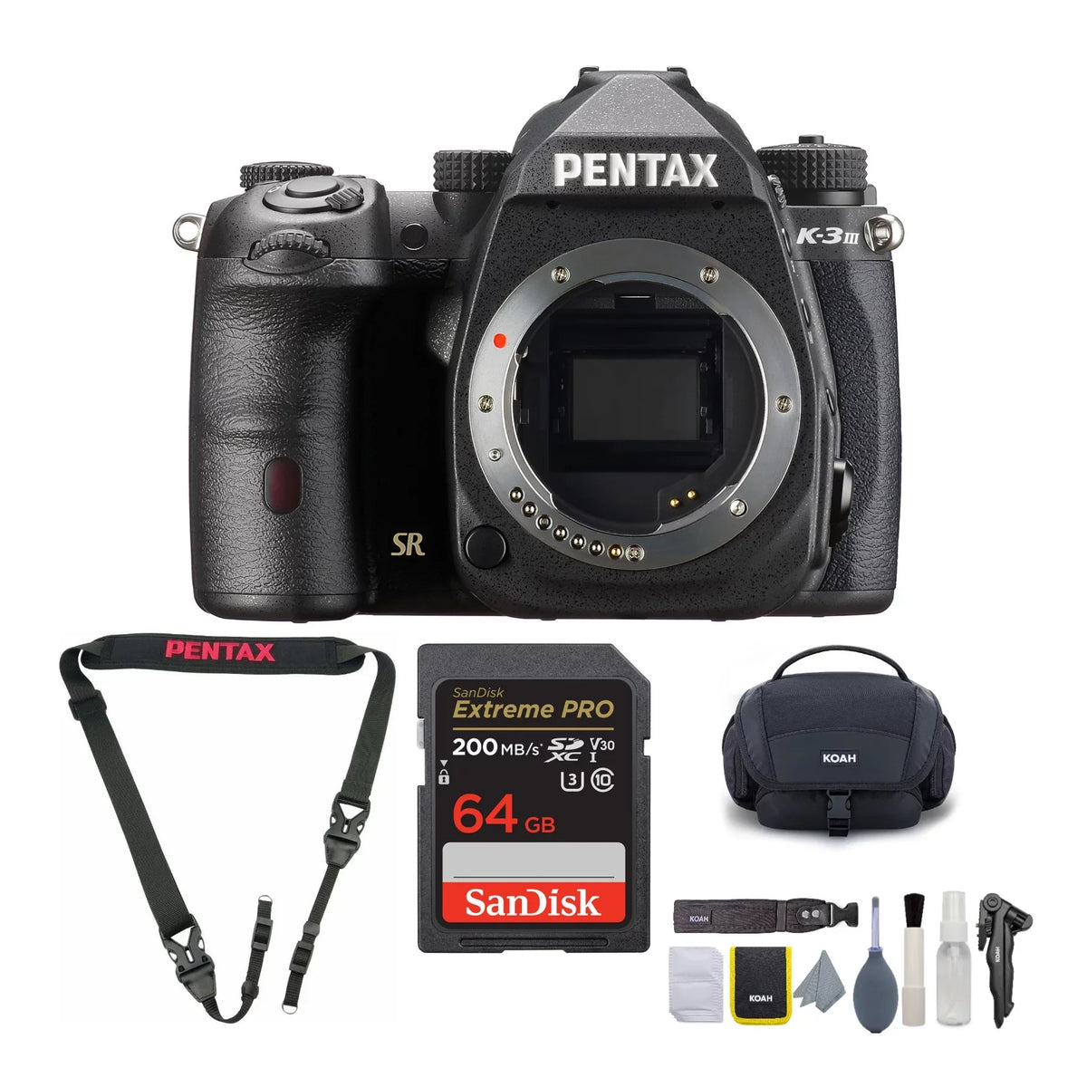 Card 64GB with (Black) Pentax K-3 Body Strap, Kit, & III Cleaning Mark SD Camera