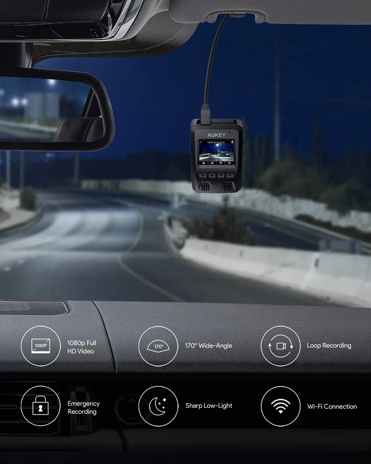 Wide Camera Black-DR02 Cam, FHD Angle Camera, for Dash 6-Lane Dash P Lens 1080P 170-Degree Wifi AUKEY Car Cars,