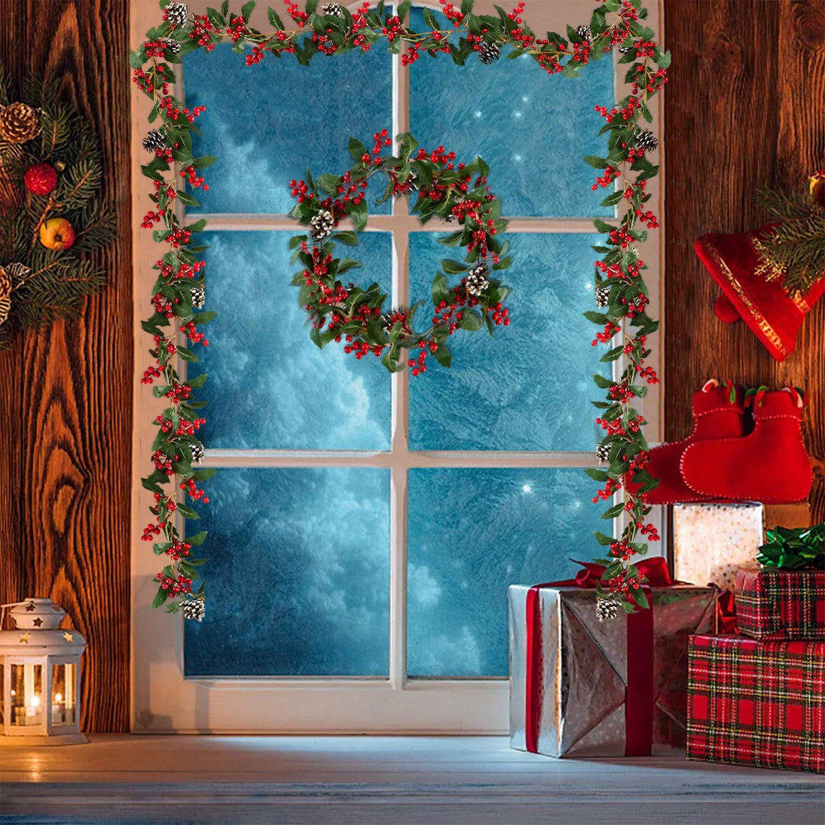 Berry Christmas Pcs Blosmon Door DIY Christmas Garland Fireplace for Kitchen Red 5.9Ft Party Leaves Outdoor 2 Holiday Garland Decor Decorations Artificial Indoor Pinecones