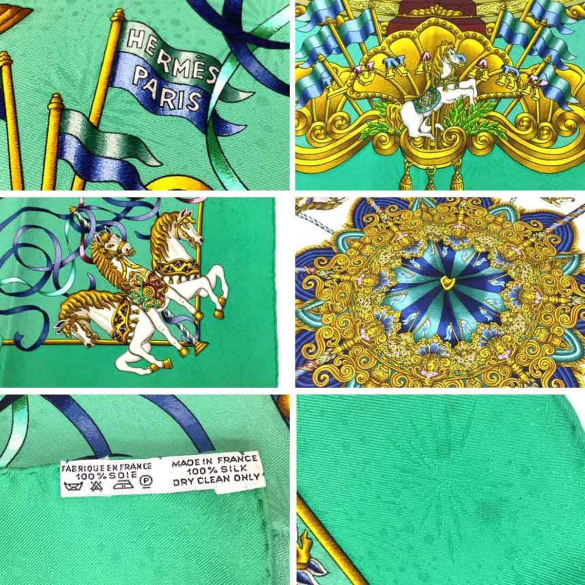 aq5159 LUNA Embroidery Amusement Silk 100% Green Scarf Muffler Park (Good) Pre-Owned Carre PARK 90 Hermes Carousel HERMES