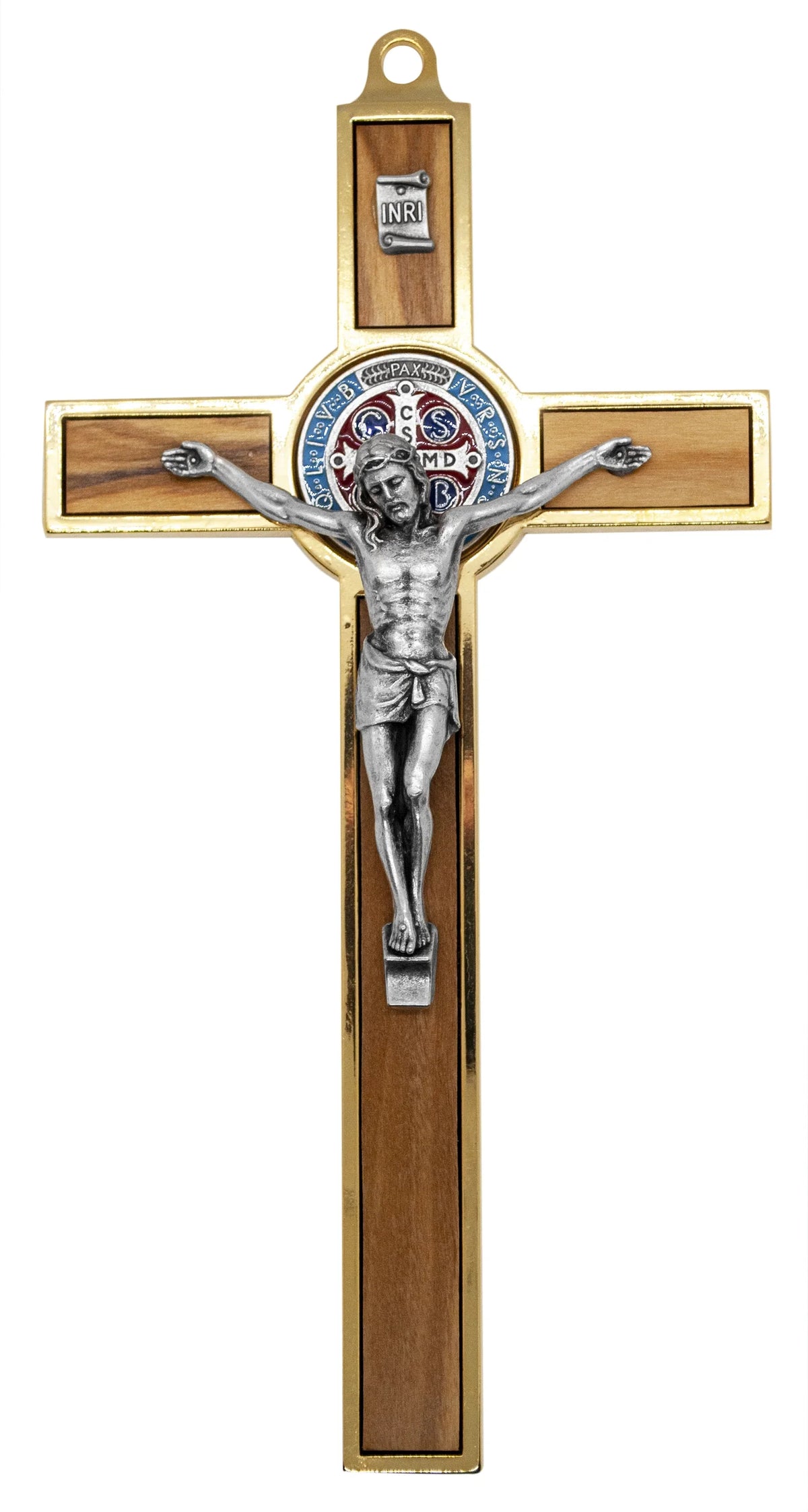 Colored Benedict Crucifix 7.75" with and Medal Wood Inlays Gold-Tone St.