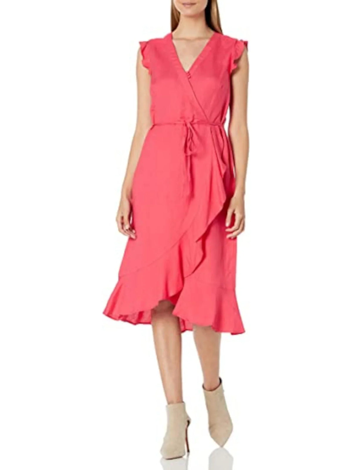 KARL Cocktail Neck Zippered V Sleeveless Faux Womens Wrap Coral LAGERFELD Dress Knee Ruffled 14 Length